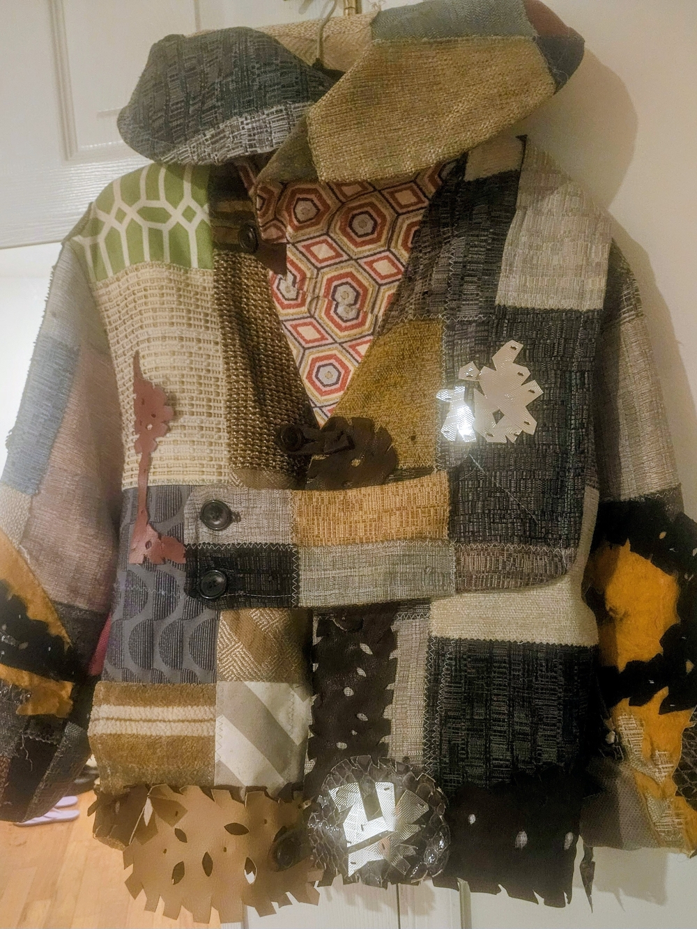 Artisan Patchwork Hooded Pea Coat in Olive, Beige & Mustard